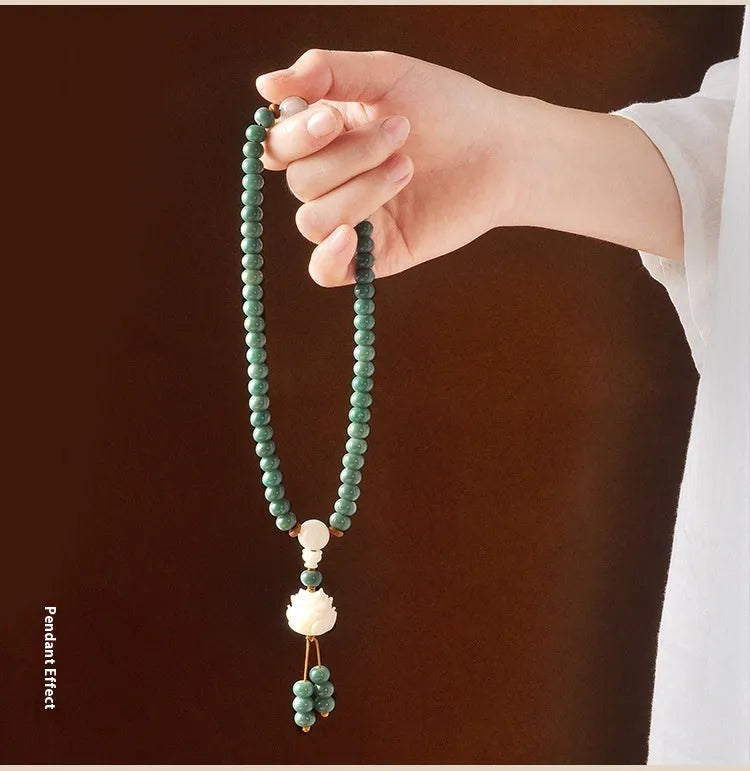 White jade Bodhi seed and green sandalwood Buddhist bracelet with double ring safety buckle and lotus charm