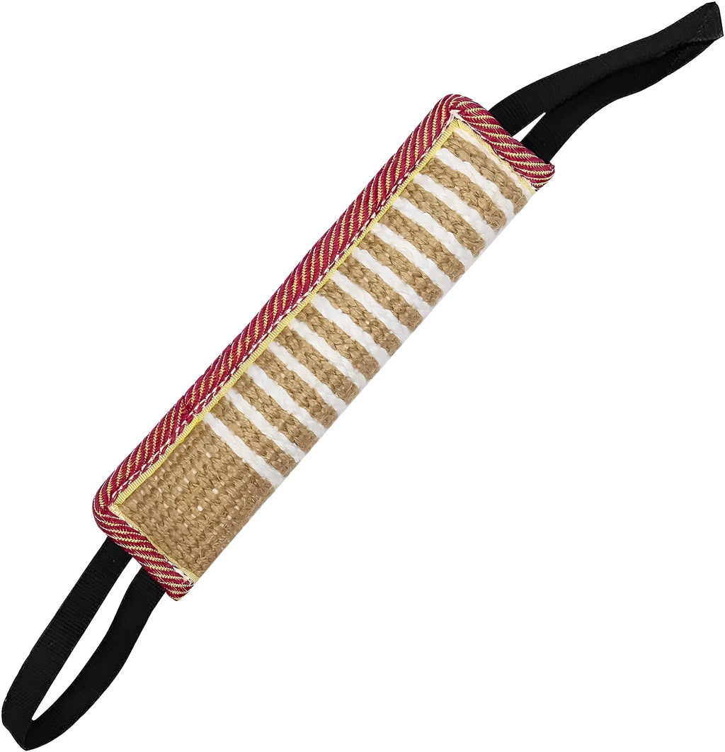 Beige jute dog tug toy with two fabric handles for interactive tug-of-war games.