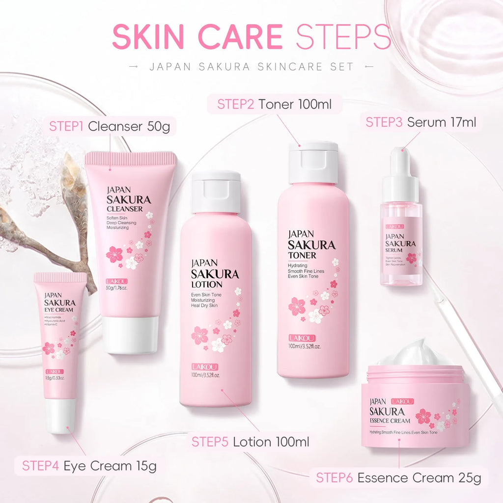 Boxed Cherry Blossom 6-piece skincare set showing cleanser, toner, creams, and serum.