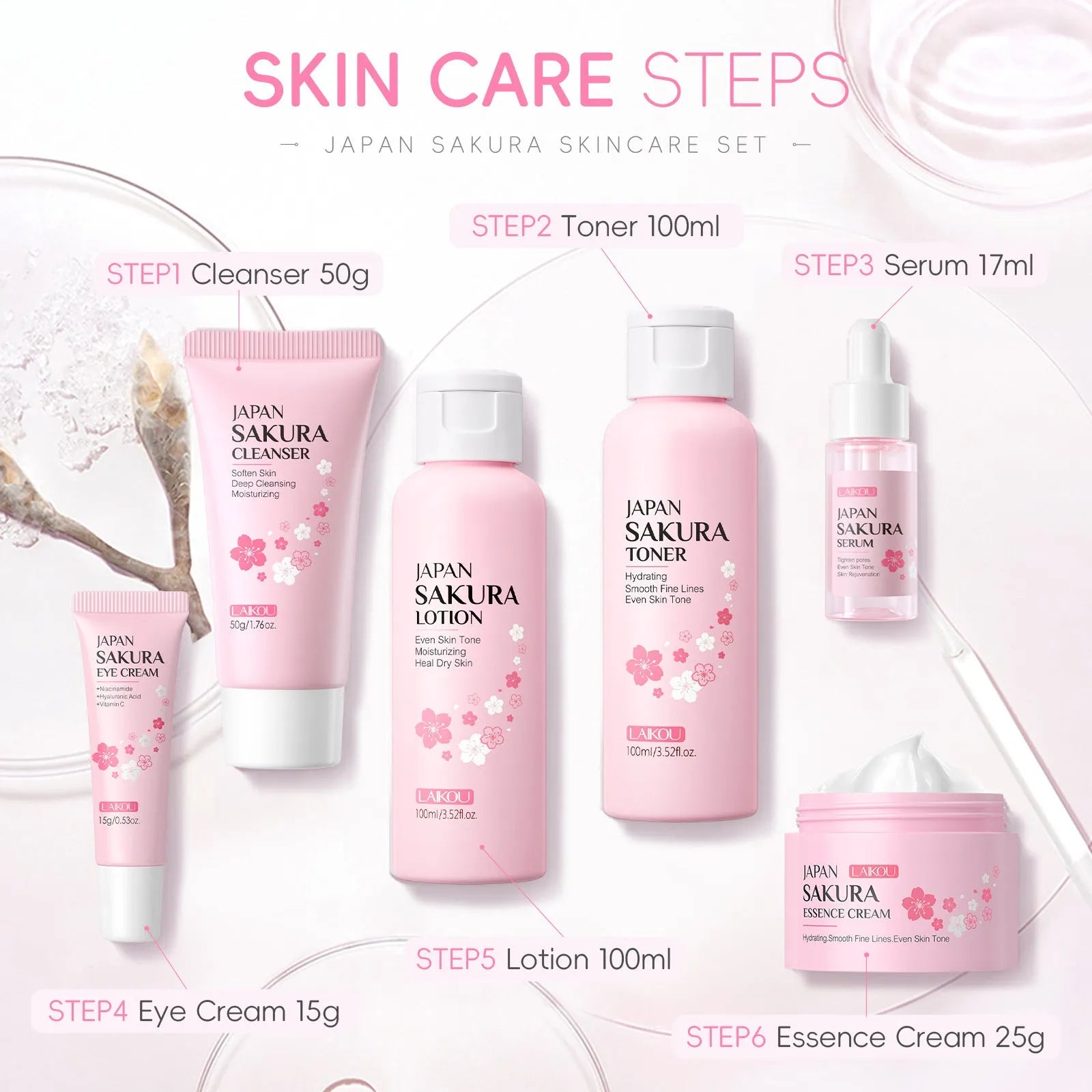 Boxed Cherry Blossom 6-piece skincare set showing cleanser, toner, creams, and serum.