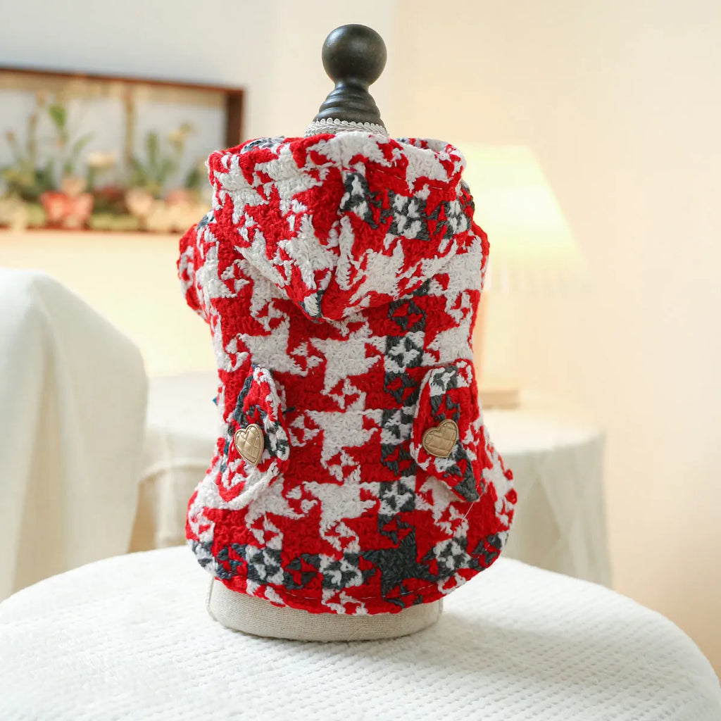 Red plaid polyester trench coat for a dog, shown in size M with 40 cm chest.