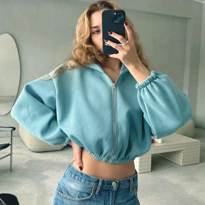 Women's casual solid colour hooded zip-up jacket in various colours