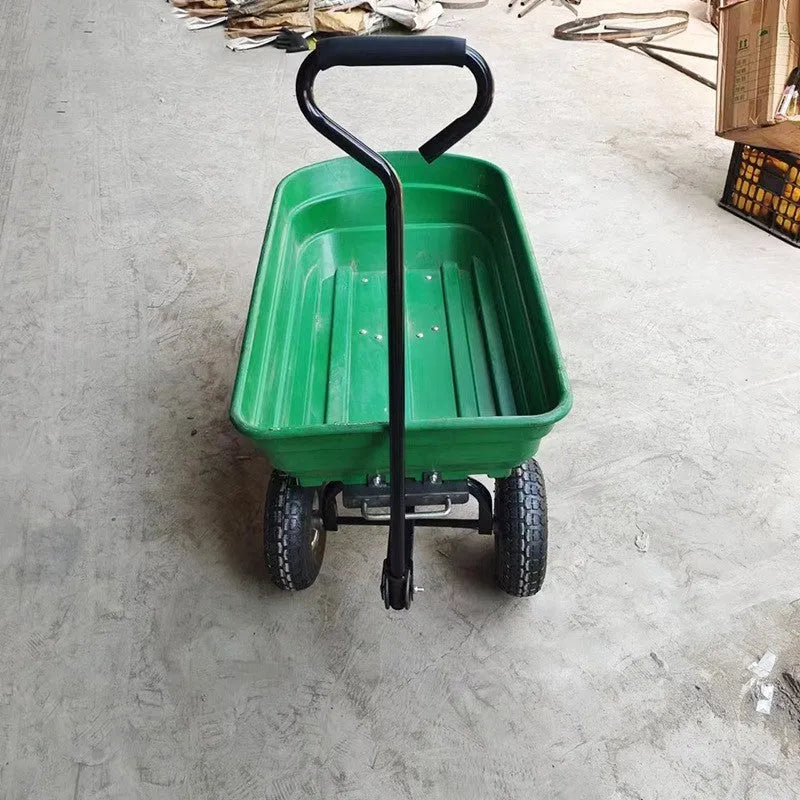 Green four-wheel plastic dump truck with steel frame and tipping bed