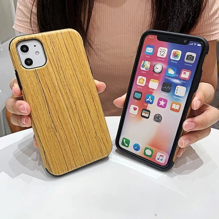 Slim wooden iPhone back cover case in a natural rosewood woodgrain finish.