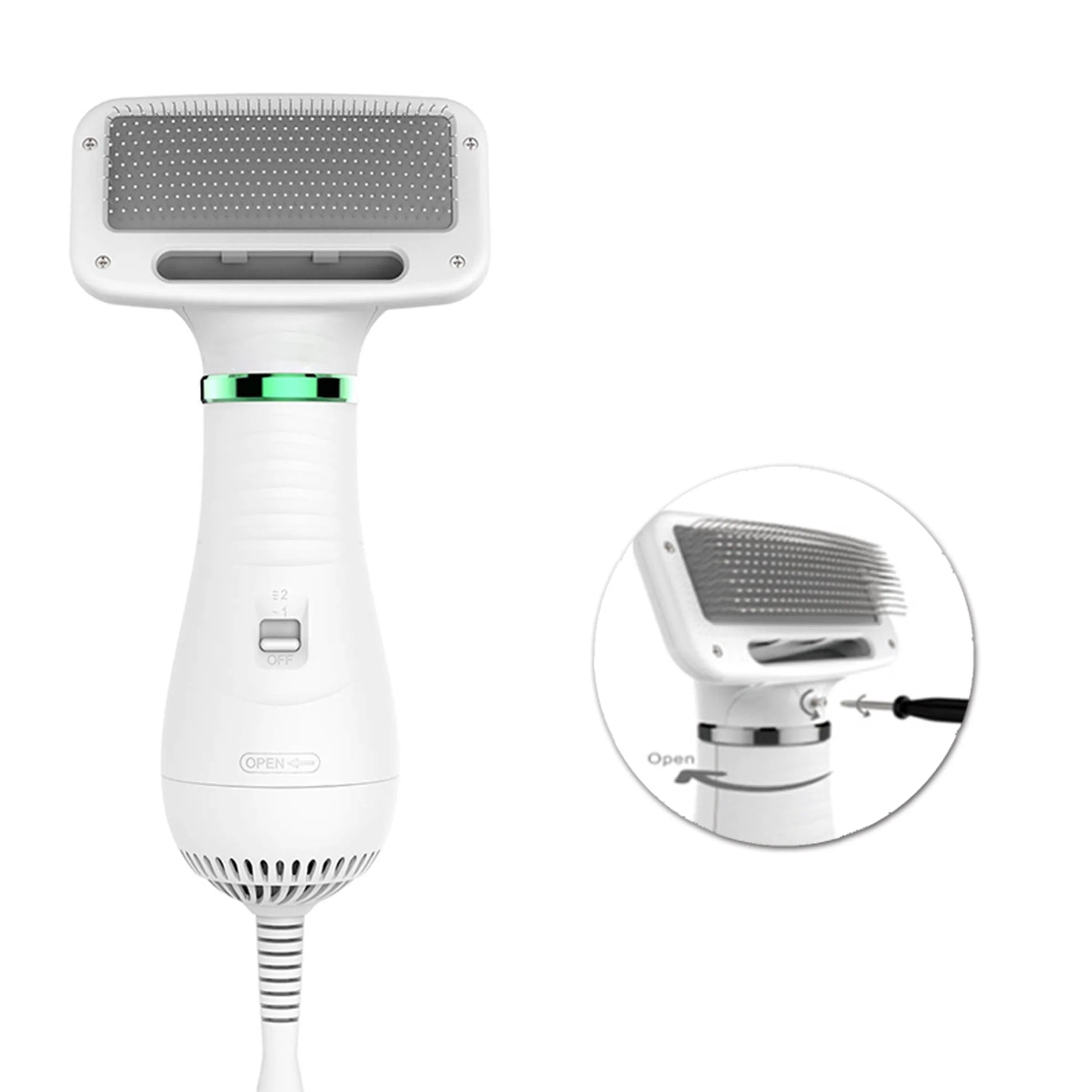 White all-in-one pet hair brush and hair dryer with two heat settings and 2-metre cord for dogs and cats