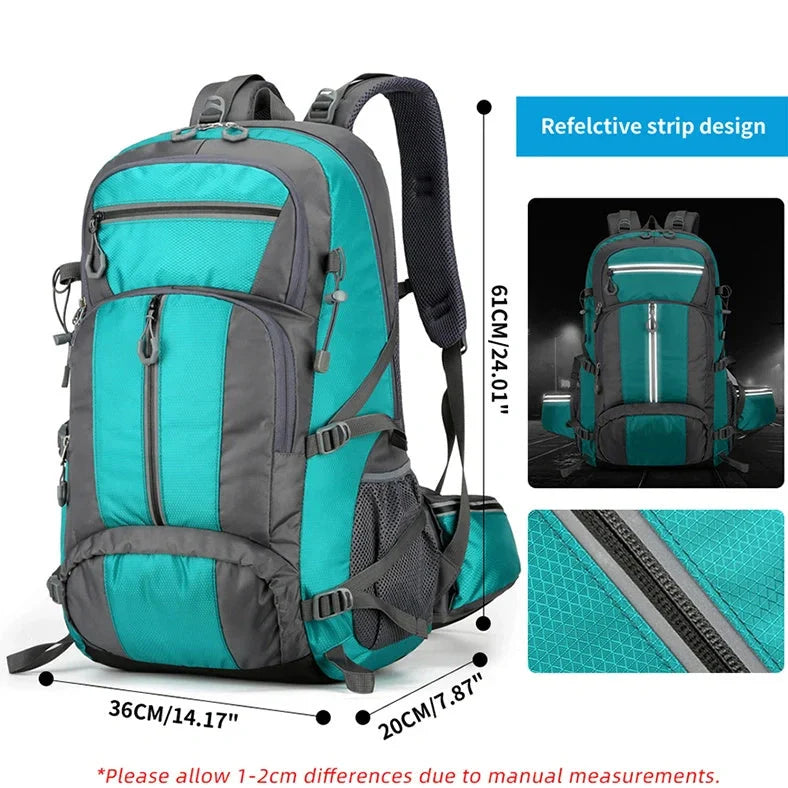 Black 50-litre fishing backpack with multiple compartments and external attachment points for fishing rods