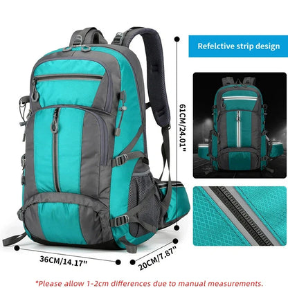 Black 50-litre fishing backpack with multiple compartments and external attachment points for fishing rods