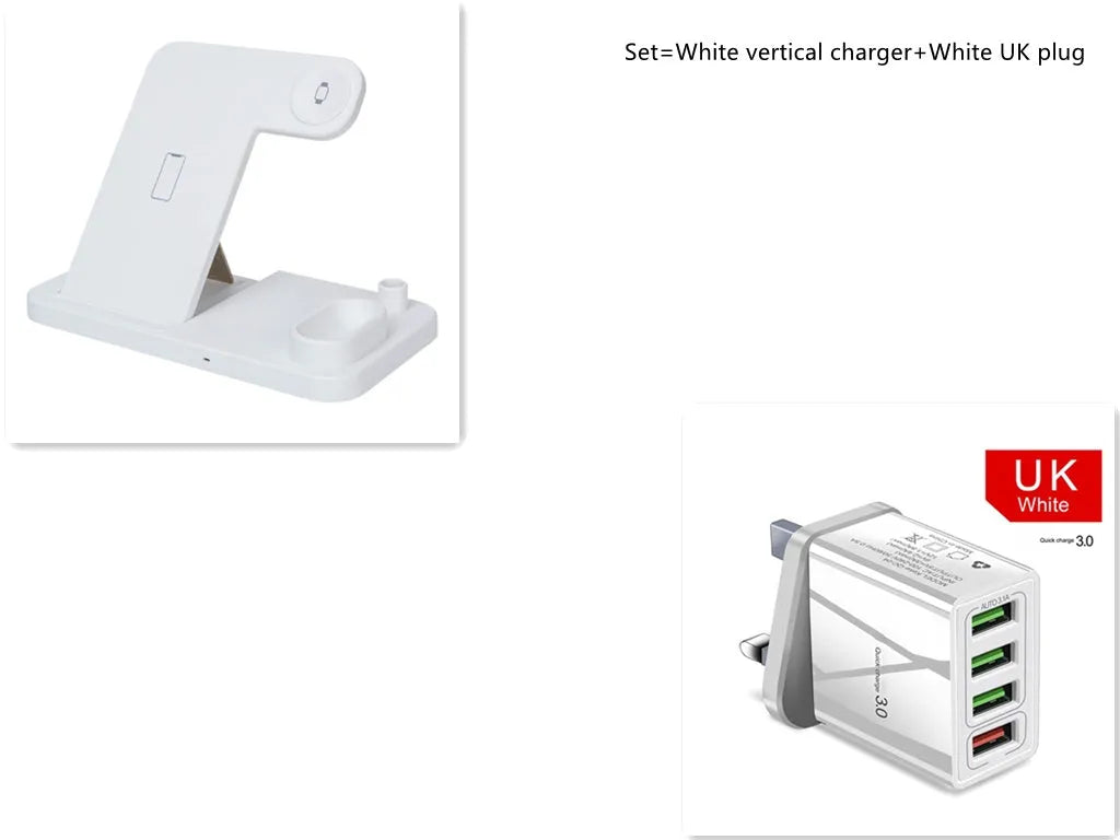 Black 4-in-1 wireless charging station showing phone on adjustable stand, with Apple Watch and AirPods charging on the base.