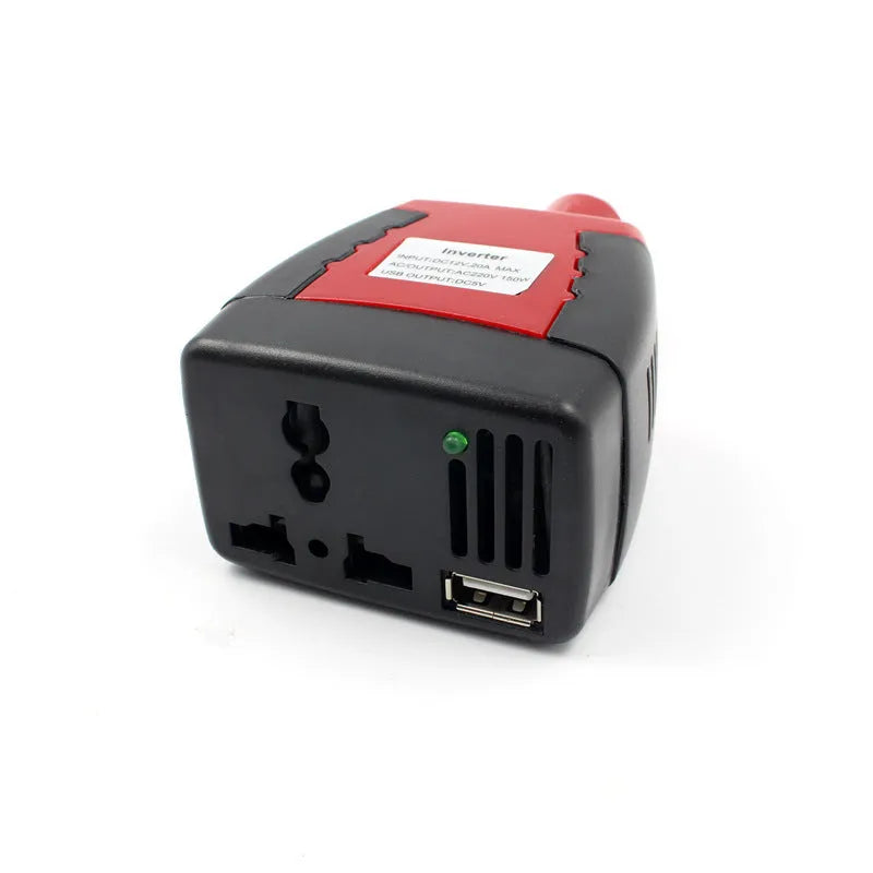 Black and red 150W car power inverter with AC outlets and USB port