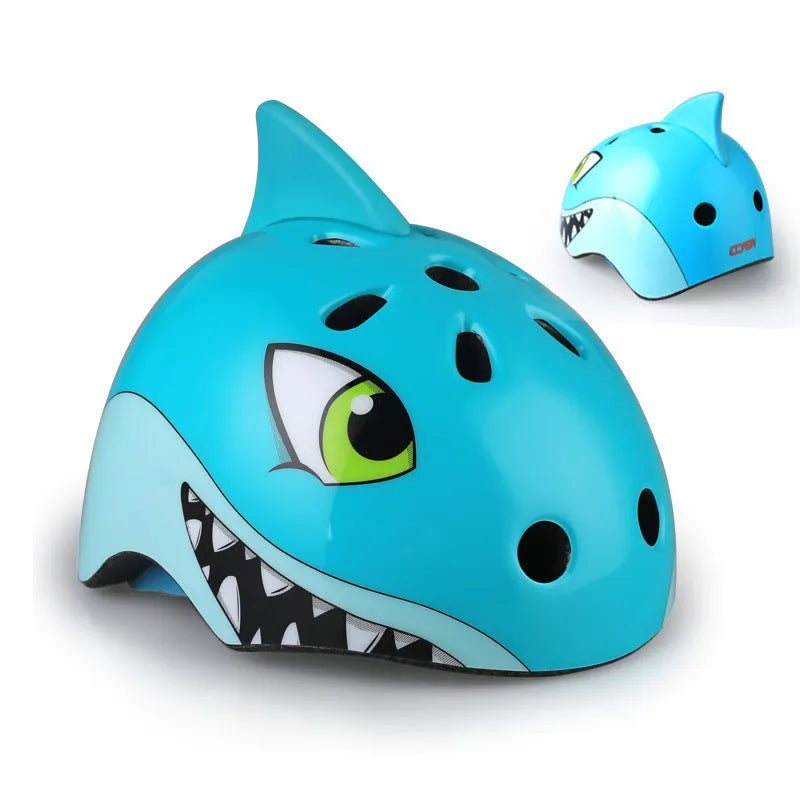 Children's roller skating helmet with cartoon shark design, green PC shell, and EPS foam protection in size S
