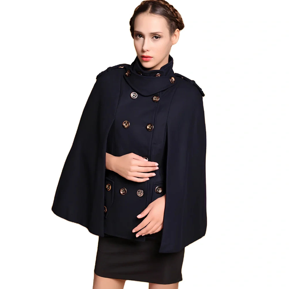 Navy blue women's double-breasted woolen cape-style coat, sleeveless slim fit, medium 65-80cm length, wool-polyester blend