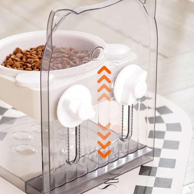 Grey cat feeding bowl with anti-spill cat ears design and adjustable height mechanism
