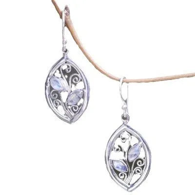 Silver colour leaf-shaped earrings with embedded colourful moonstones and European design elements