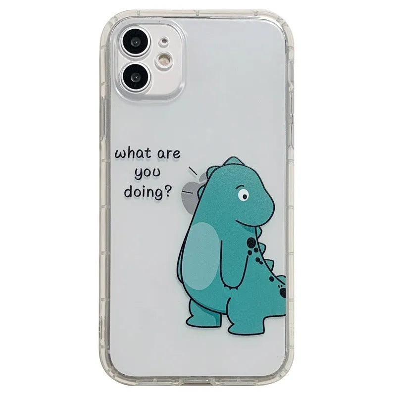 Transparent silicone TPU iPhone case with airbag design and a green dinosaur graphic on the back.