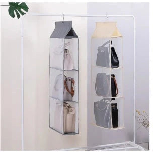 Foldable hanging multi-layer sundries storage rack in grey and beige