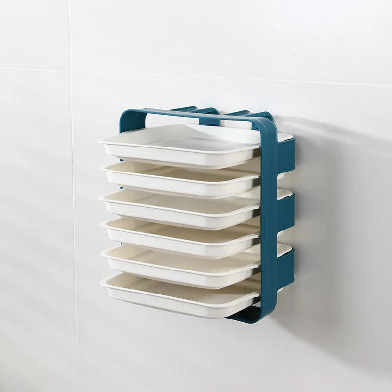Wall-mounted kitchen side tray with six layers for efficient storage in blue, white, and coffee colour options