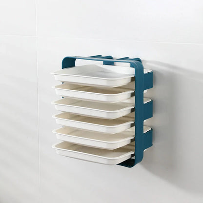 Wall-mounted kitchen side tray with six layers for efficient storage in blue, white, and coffee colour options
