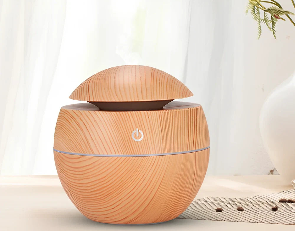 Wood grain USB desktop aroma diffuser with coloured lights and 130ml water tank for office use