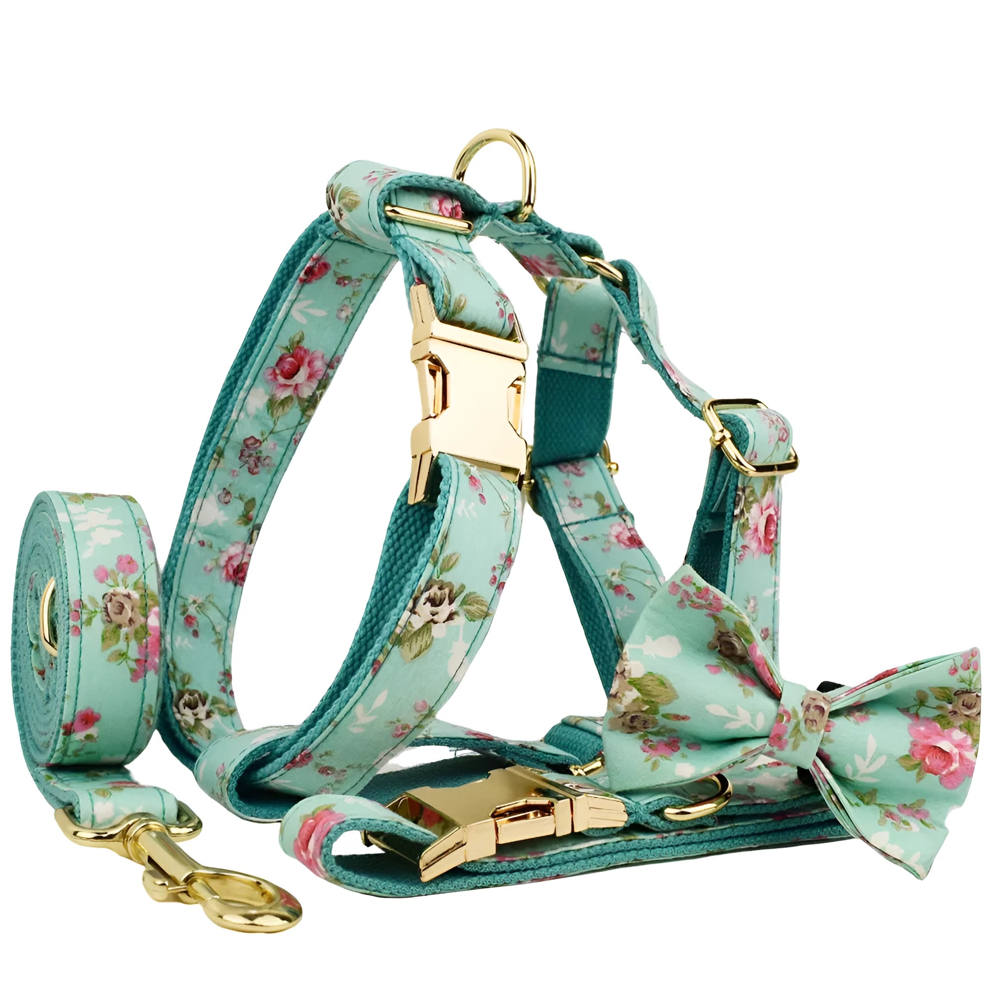 Rose pattern dog collar set with green background including collar, leash, and detachable bow