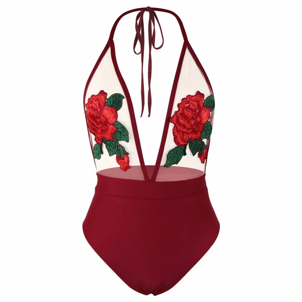 Embroidered halter sexy lingerie siamese bikini in polyester fabric women's swimwear set