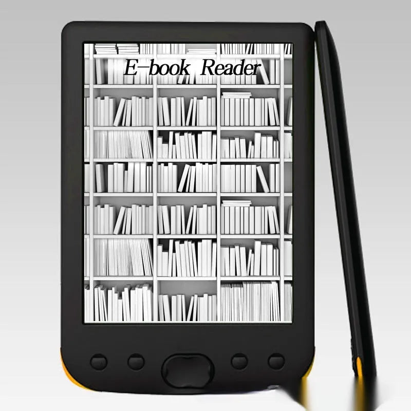 Black 6-inch E-ink screen e-book reader showing its display and compact design.