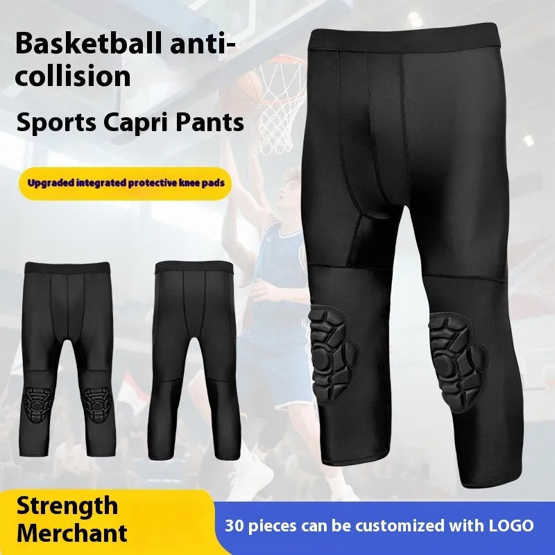 Men's basketball tight cropped leggings with integrated anti-collision knee pad, TWA 0205 Black