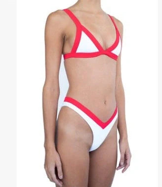 Women's split bikini with deep V-neck in nylon fabric, available in 18 colours with Asian sizing