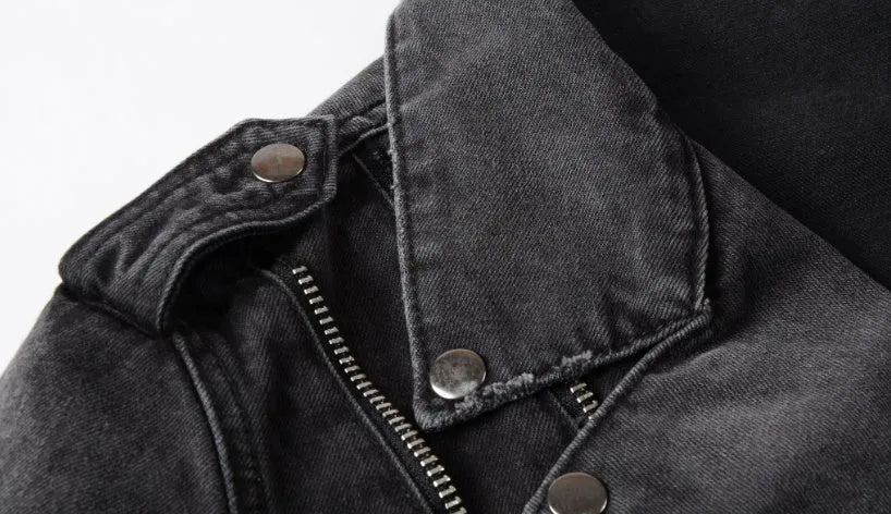 Black slim-fit linen denim jacket with lapel collar and front zipper placket on plain background
