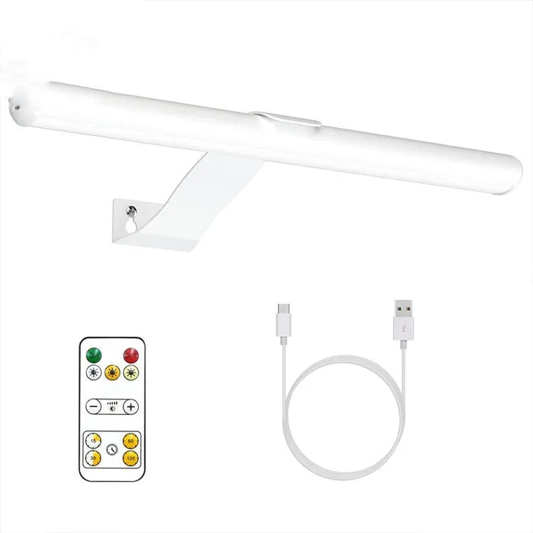 Magnetic suction 40cm rechargeable LED wall lamp in black with remote control, mounted above a bathroom mirror showing three colour temperatures