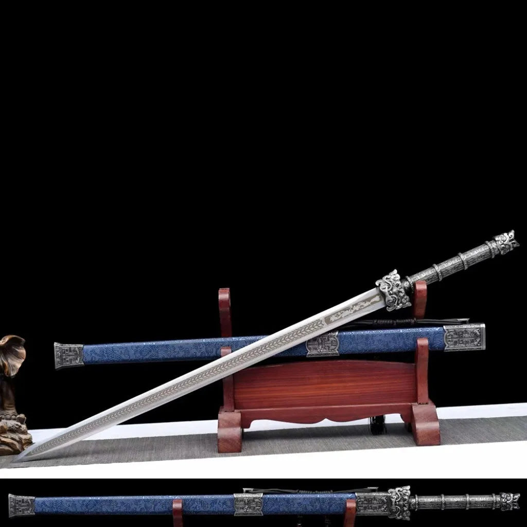 Ancient Tang-style unsharpened sword with high manganese steel blade and solid wood scabbard with leather covering