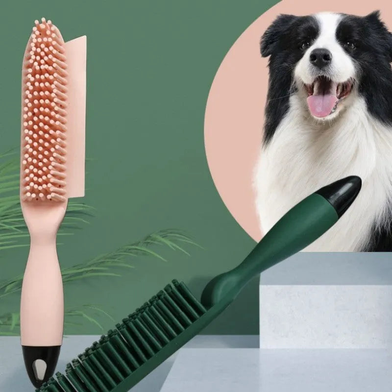 Green dog brush with grooming comb, massage pins, and removable sticky roller for pet hair removal