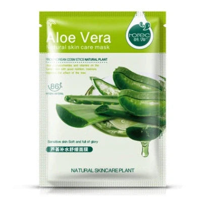 Aloe vera sheet mask on face showing 30g serum content and pre-cut eye and mouth openings