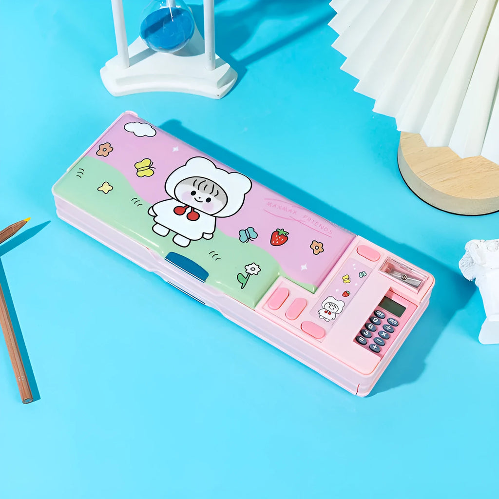 Multifunctional large capacity plastic pencil box with calculator, double-sided opening, colourful stationery storage for school