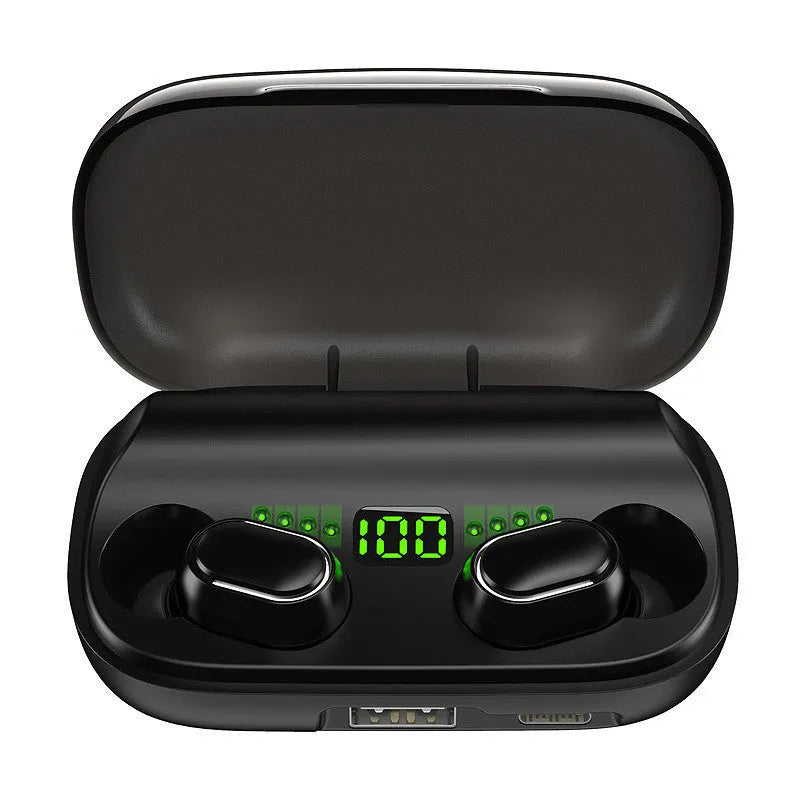 Black TWS XT01 Bluetooth earphones with charging case showing digital display