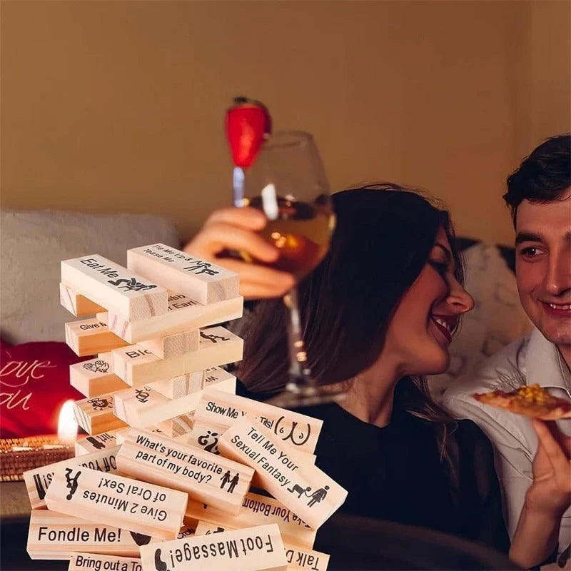 Sustainable wooden block tower game for couples, perfect for Valentine's Day and date nights