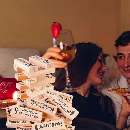 Sustainable wooden block tower game for couples, perfect for Valentine's Day and date nights