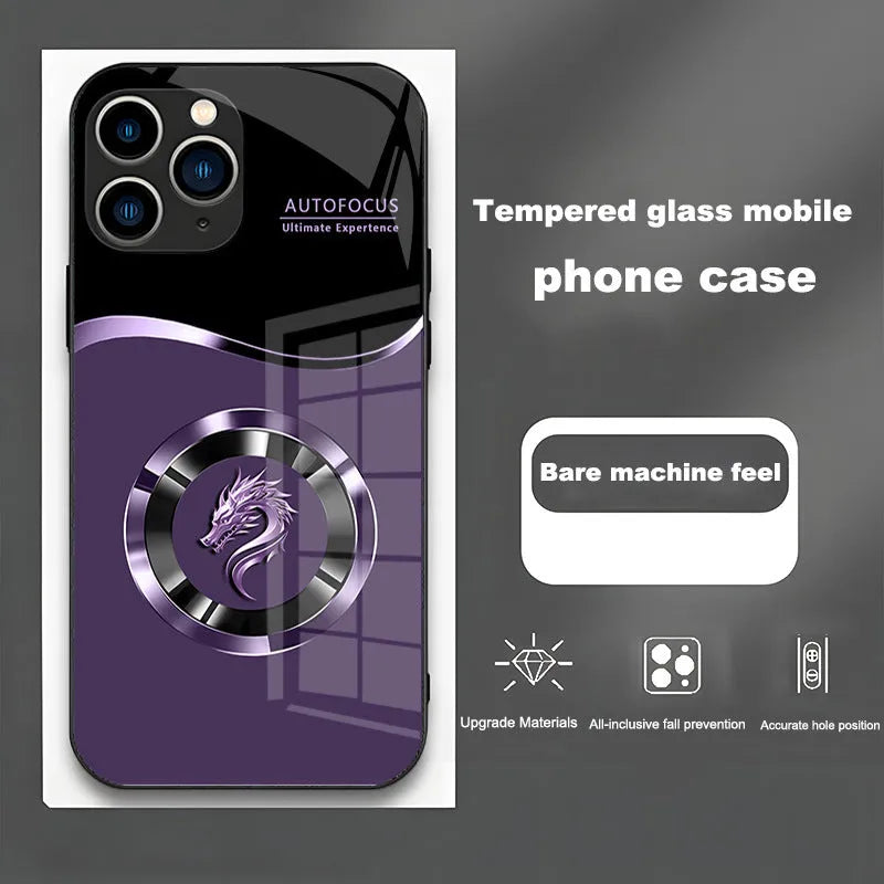 Metal liquid glass all-inclusive drop-resistant phone case in black with Chinese-style wave pattern for Apple iPhone