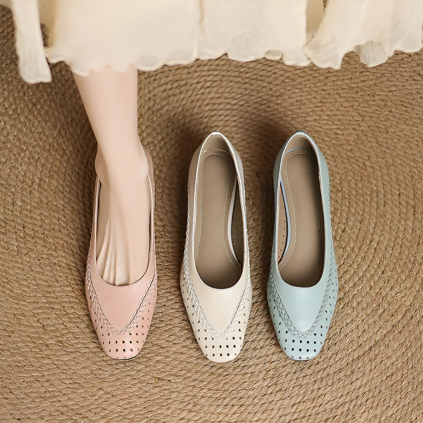 Women's plus size light blue sandals with hollow-out design and mid heel.