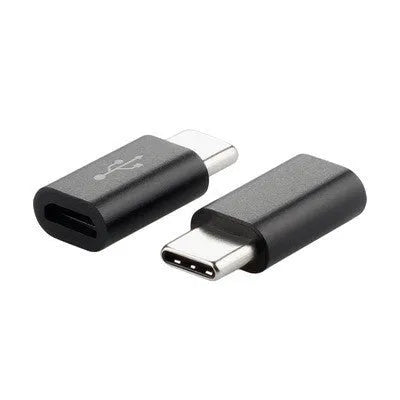 Micro USB to USB C adapter in black with USB-A female connector for charging and data sync.