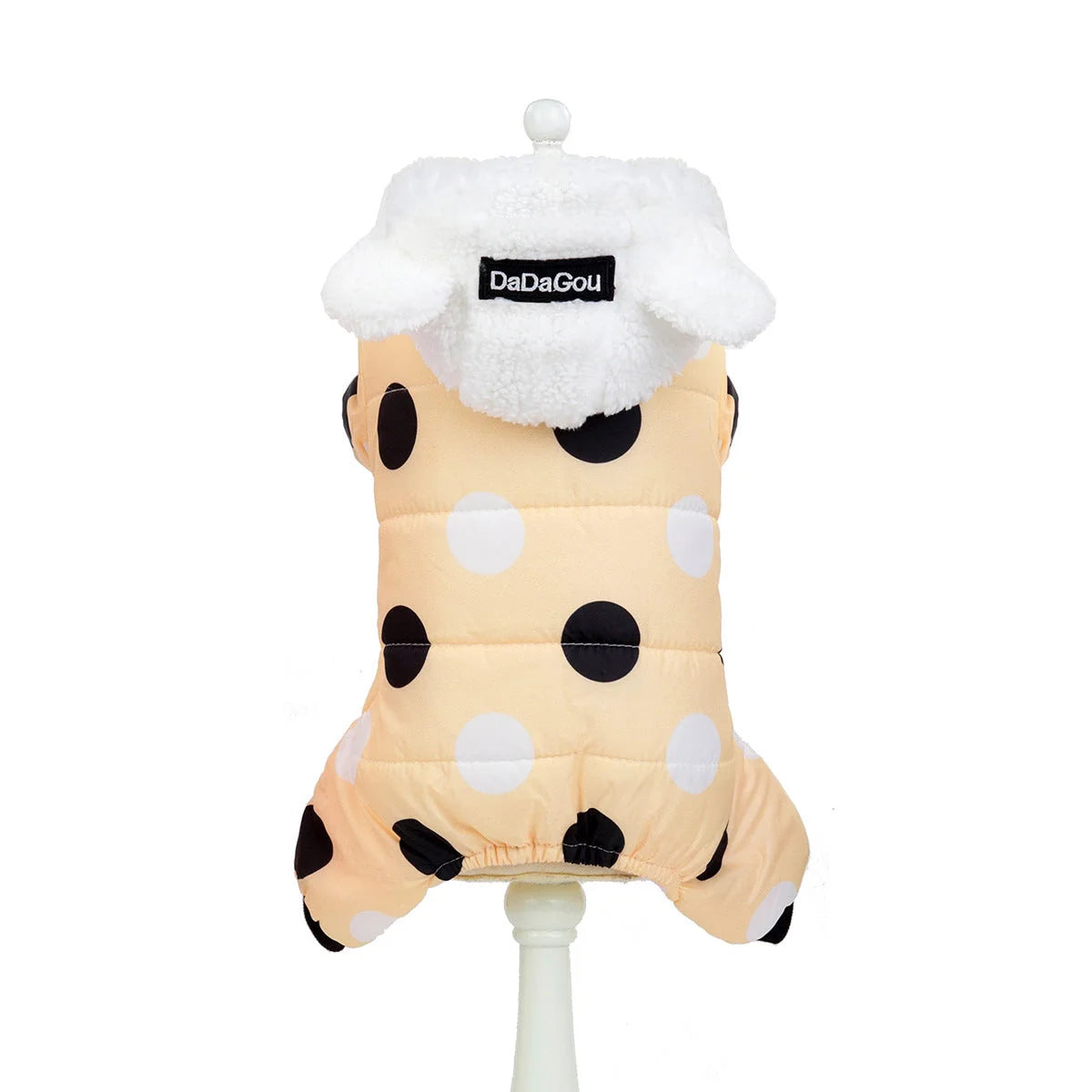 Big polka dot cotton coat with four-leg design in pink, black, and light yellow