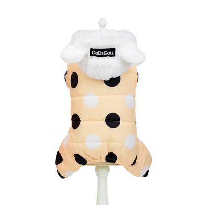 Big polka dot cotton coat with four-leg design in pink, black, and light yellow