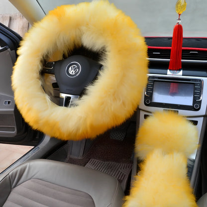 Three-piece wool steering wheel cover showing universal 38cm diameter fit with wool-cashmere blend material