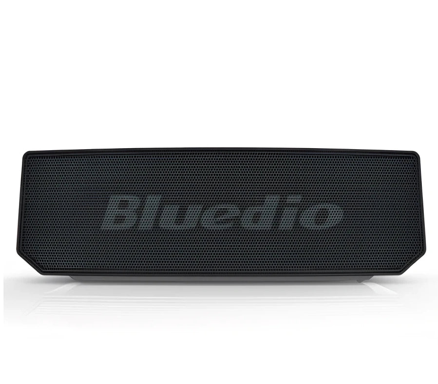 Bluedio BS-5 Mini portable Bluetooth speaker showing 3D stereo output and 10m wireless range