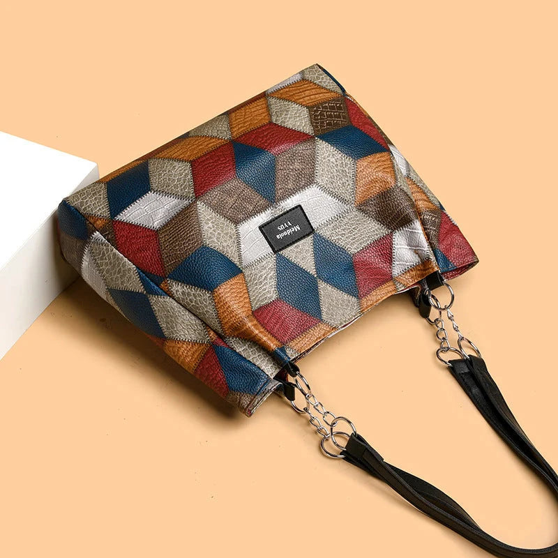 Retro geometric pattern shoulder bag for women in black and yellow