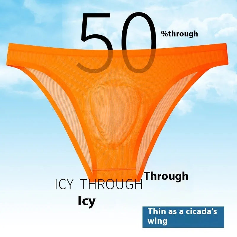 Seamless ice silk low waist briefs in black, shown flat to highlight invisible design.