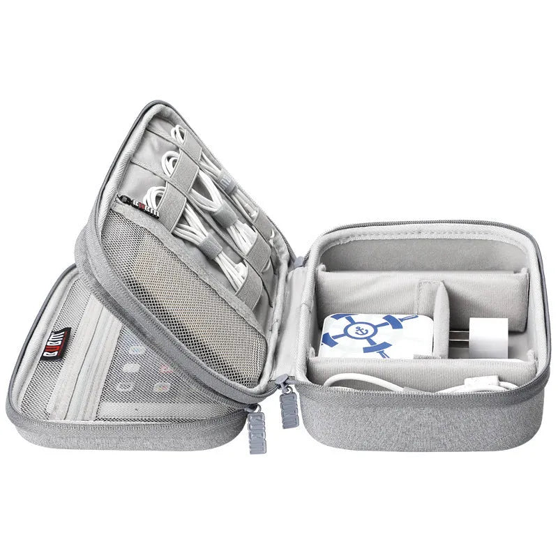 Black EVA digital storage bag shaped like a handbag for organising headphones and cables.