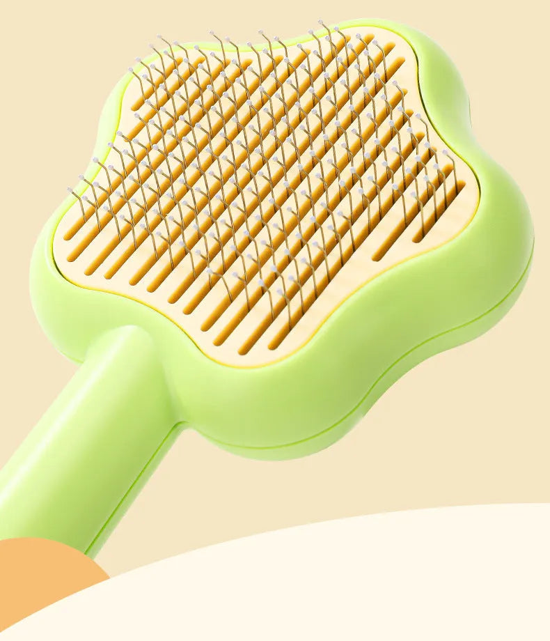 Green stainless steel cat grooming comb with four different needle surfaces for pet hair removal