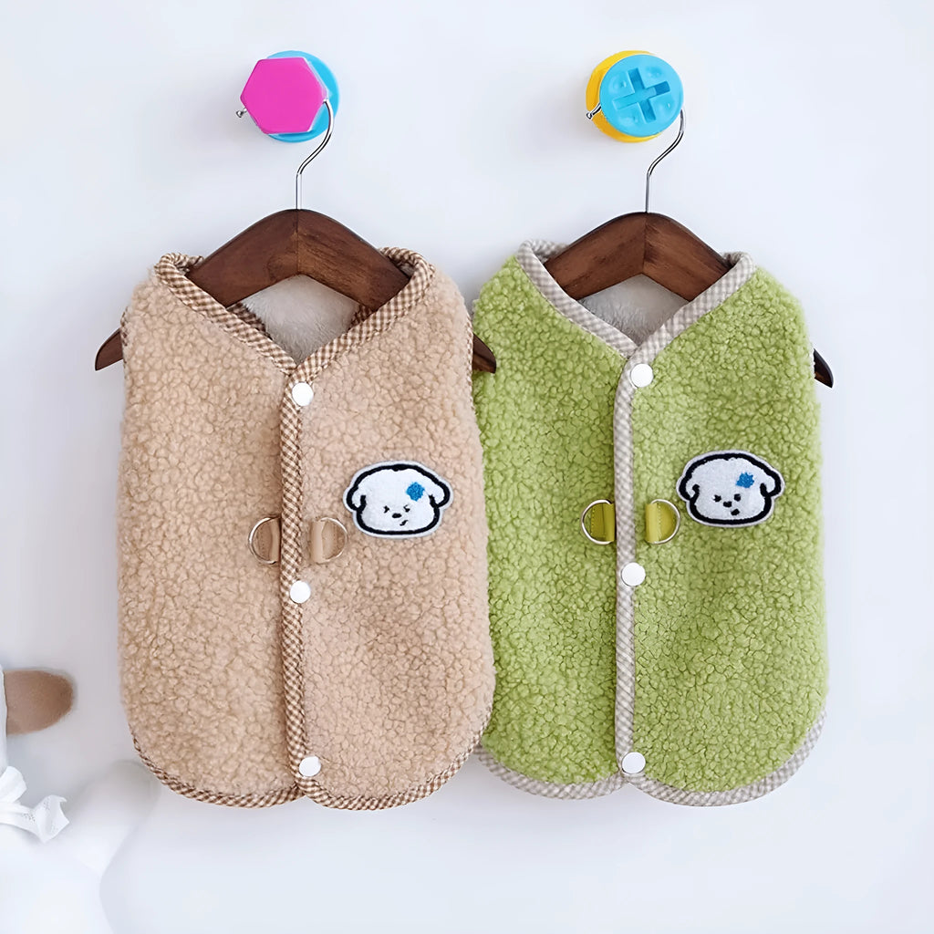 Green thickened coral fleece dog vest with leash ring on a small dog