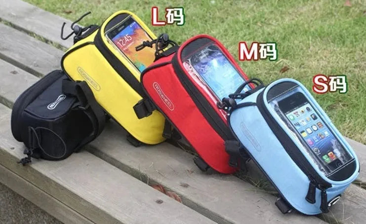 Waterproof PVC bicycle frame bag for iPhone storage in black, mounted on bike frame