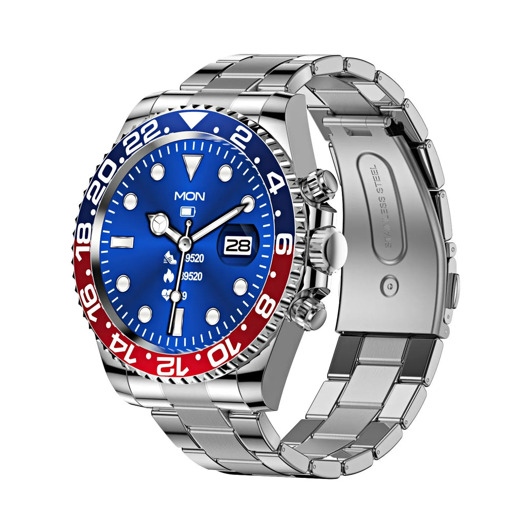 Stainless steel green water ghost dial smartwatch on wrist showing heart rate and time on 1.28 inch TFT screen